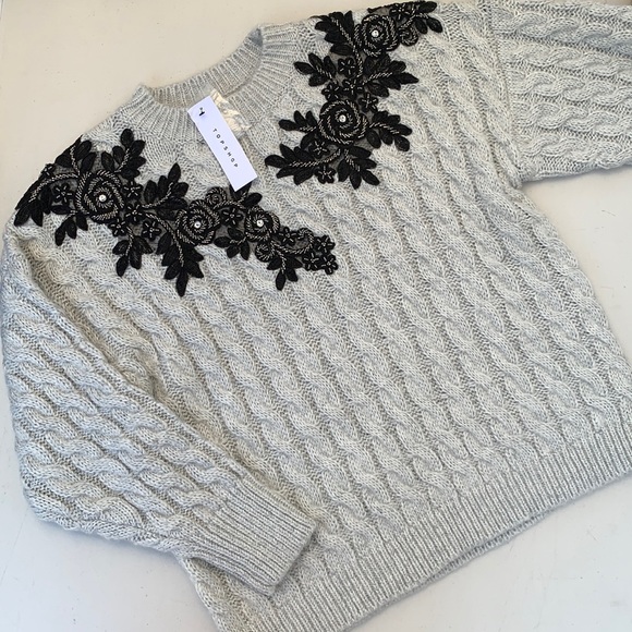 Topshop Chunky Cable Knit Lace Appliqué Sweater - Picture 1 of 7
